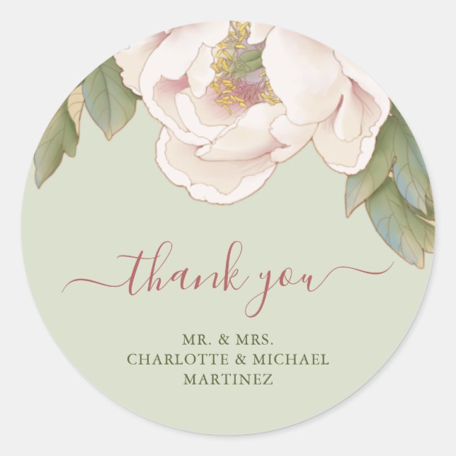 Sage and Blush Peony Rose Wedding Danke Runder Aufkleber (Vorderseite)