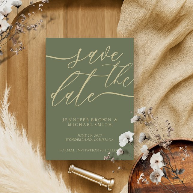 Sage and Gold Wedding Custom Foto Calligraphic Save The Date (Von Creator hochgeladen)