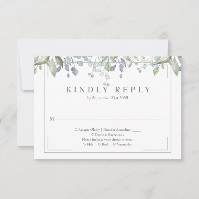 Sage and Lilac Greenerity Blumenzwiebelhochzeit RSVP Karte (Vorderseite)