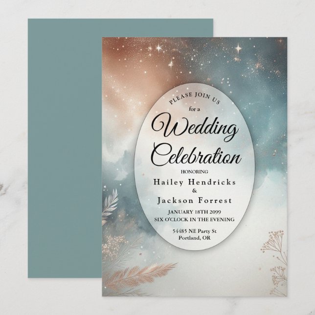 Sage and Terracotta Stardust Skies Wedding Einladung (Vorne/Hinten)