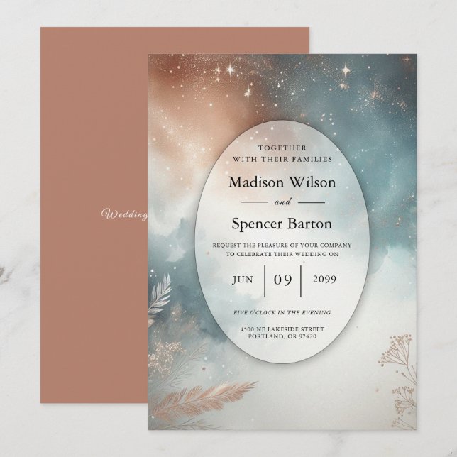 Sage and Terracotta Stardust Skies Wedding Einladung (Vorne/Hinten)