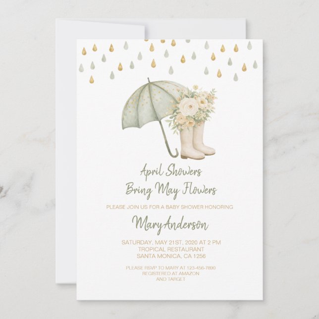 Sage April Showers Bring May Flowers Baby Shower  Einladung (Vorderseite)