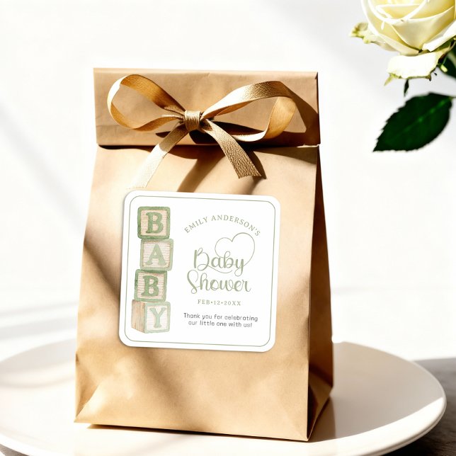 Sage Baby Blocks Baby Shower Favor Sticker (Baby Shower Sticker)
