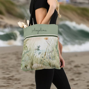 Sage Beach Dünengräser und Blumen Monogramm Tasche