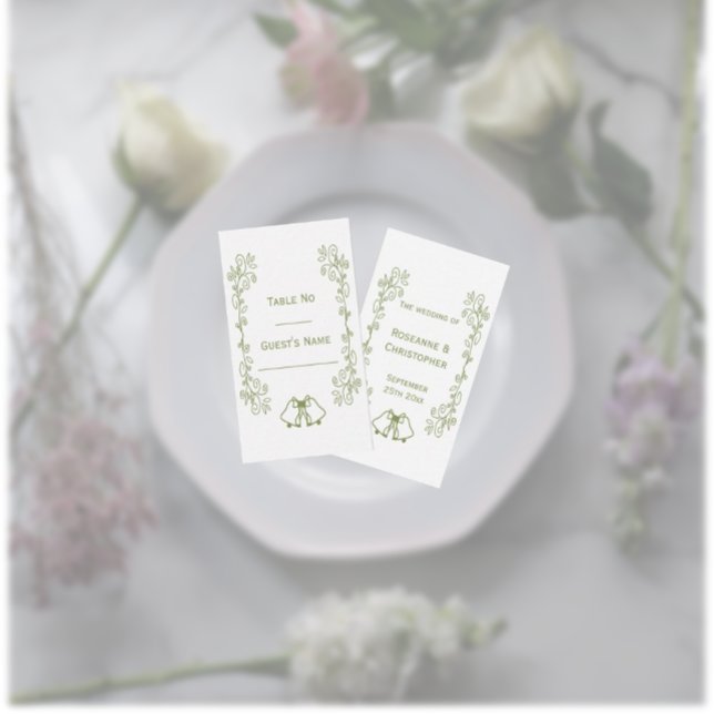 Sage Bells Scrollwork Design Wedding Platzkarte (Sage wedding dinner place card bells and scrollwork design)