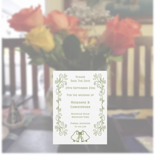 Sage Bells Scrollwork Design Wedding Save The Date (Sage wedding save the date invitation bells and scrollwork design)