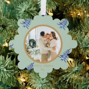 Sage Blue Pagoda Frohe Weihnachtsbaum 2-Foto Ornament Karte