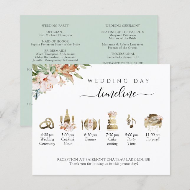Sage Blush Floral Wedding Timeline und Programm (Vorne/Hinten)