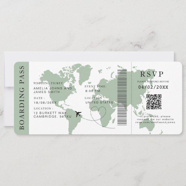 Sage Boarding Pass Hochzeit in Urlaubsort QR-Code Einladung (Vorderseite)