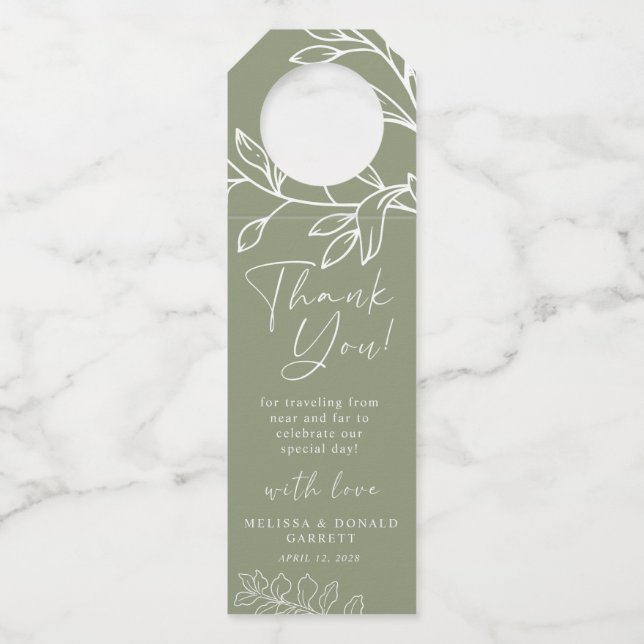 Sage Boho Blume Script Wedding Vielen Dank Flaschenanhänger (Vorderseite)