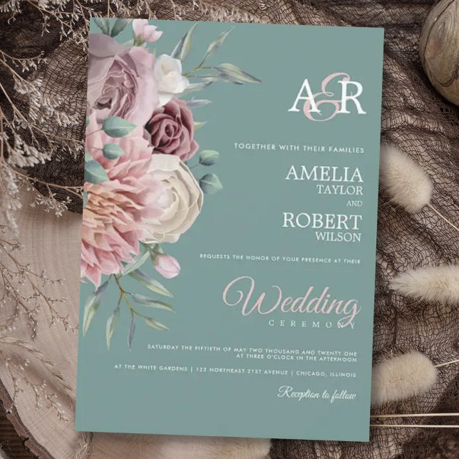 Sage Boho Dusty Rose Aquarell Floral Wedding Inv Einladung (Von Creator hochgeladen)