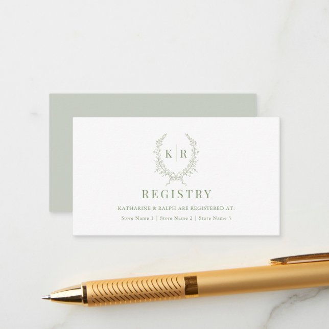 Sage Botaniacal Ribbon Wappen Wedding Registry Begleitkarte (Vorderseite/Rückseite Beispiel)