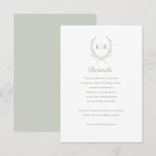 Sage Botaniacal Wappen Wedding Details Card RSVP Karte (Vorne/Hinten)