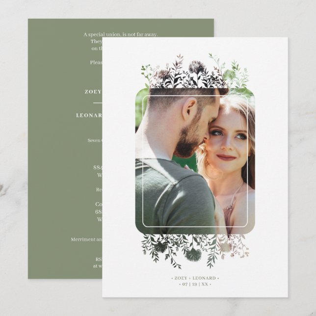 Sage Botanical Elegant Wildflowers Photo Wedding Einladung (Vorne/Hinten)