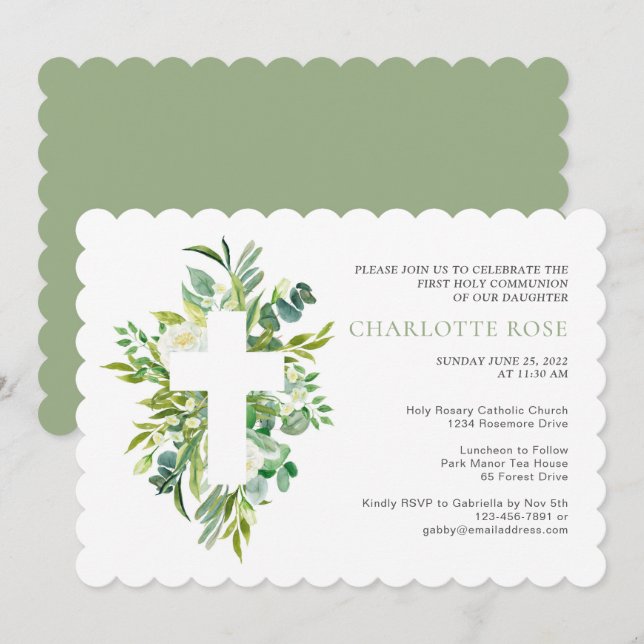 Sage Botanical Watercolor First Holy Communion Inv Einladung (Vorne/Hinten)