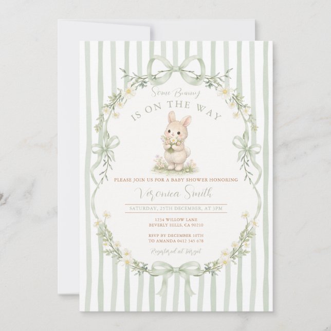 Sage Bow Stripe Green Bunny Baby Shower Invitation (Devant)