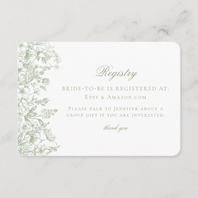 Sage Chinoiserie Retro Floral Bridal Registrierung Begleitkarte (Vorderseite)