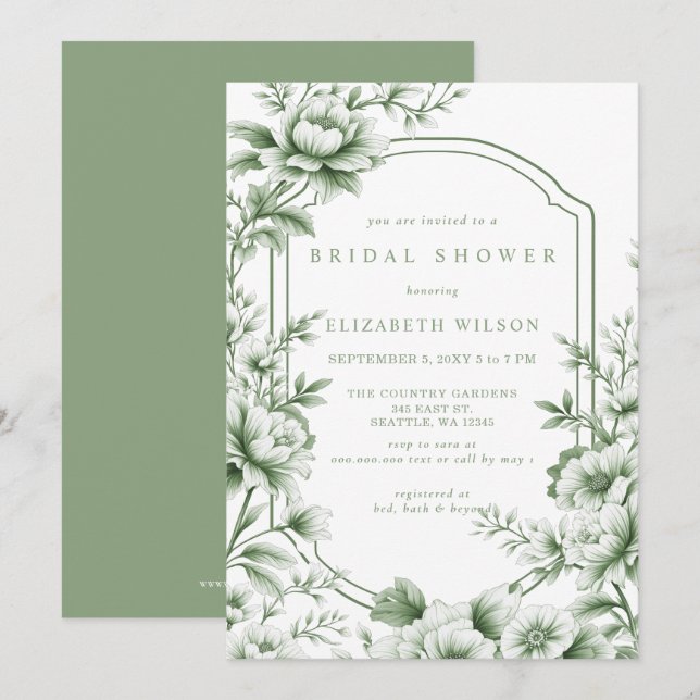 Sage Chinoiserie Toile Floral Bridal Shower Einladung (Vorne/Hinten)