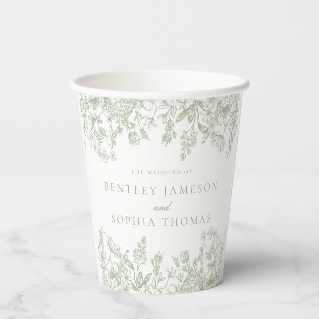 Sage Chinoiserie Vintage Floral Wedding Pappbecher (Rückseite)