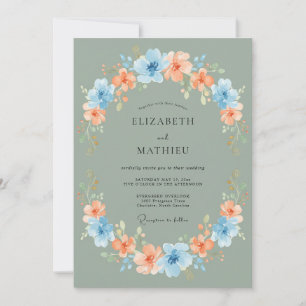 Sage Coral Blaue Blütenkranz Hochzeit Einladung