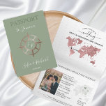 Sage Destination Passport Rose Gold Compass Einladung<br><div class="desc">Modernes und elegantes Sage Green mit Rose Gold Weltkarte Einladung,  wie Pass.</div>