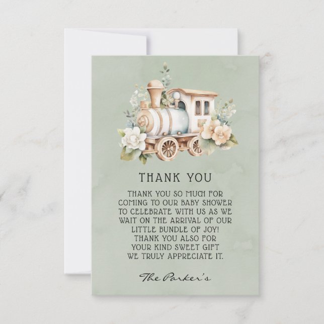 Sage Dusty Baby shower de train bleu Merci Cartes (Devant)