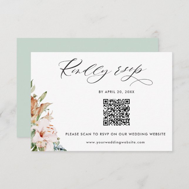 Sage, Earthy Blooms QR Code UAwg Online-Hochzeit Begleitkarte (Vorne/Hinten)