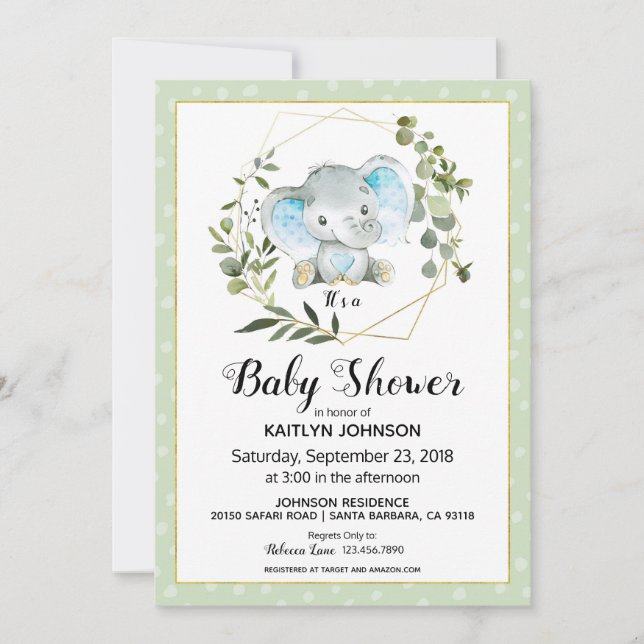Sage Elephant Moderne Babydusche Einladung (Vorderseite)