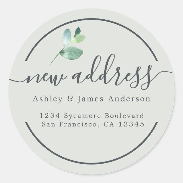 Sage Eucalyptus New Address Round Label Runder Aufkleber (Vorderseite)