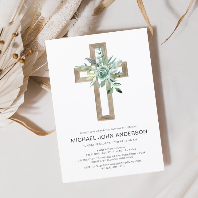 Sage Eukalyptus Taufen Grüne Goldene Kreuz Einladung (Von Creator hochgeladen)