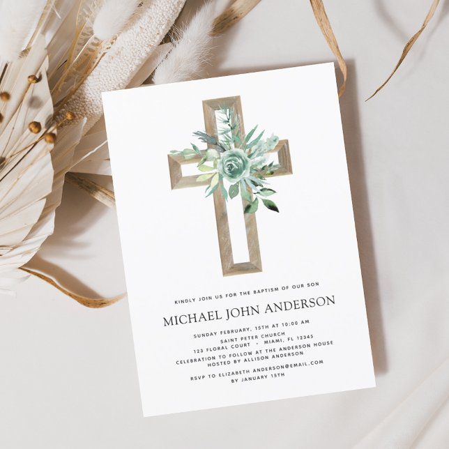 Sage Eukalyptus Taufen Grüne Goldene Kreuz Einladung (Von Creator hochgeladen)