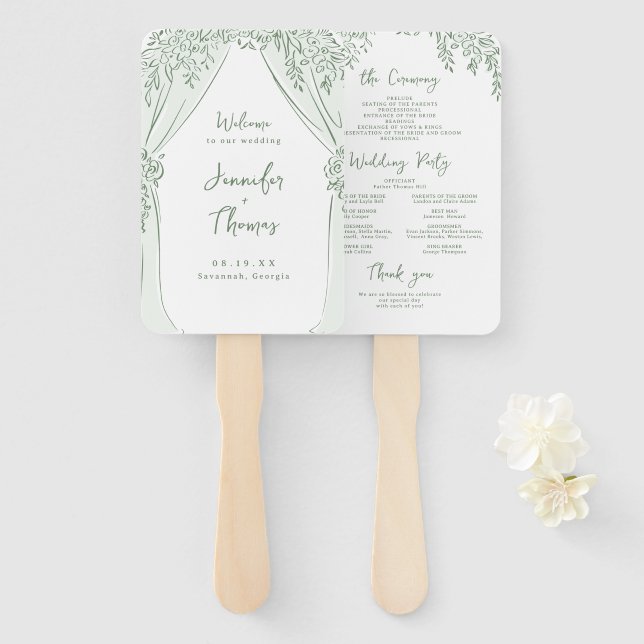 Sage Floral Arch Whimsical Wedding Programs Fächer (Vorne und Hinten)