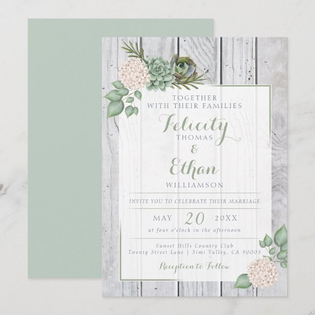 Sage Floral Blume White Wood Wedding Einladung (Vorne/Hinten)