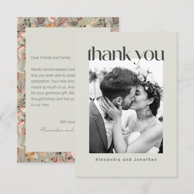 Sage Floral Boho Custom Message Foto Wedding Dankeskarte (Vorne/Hinten)