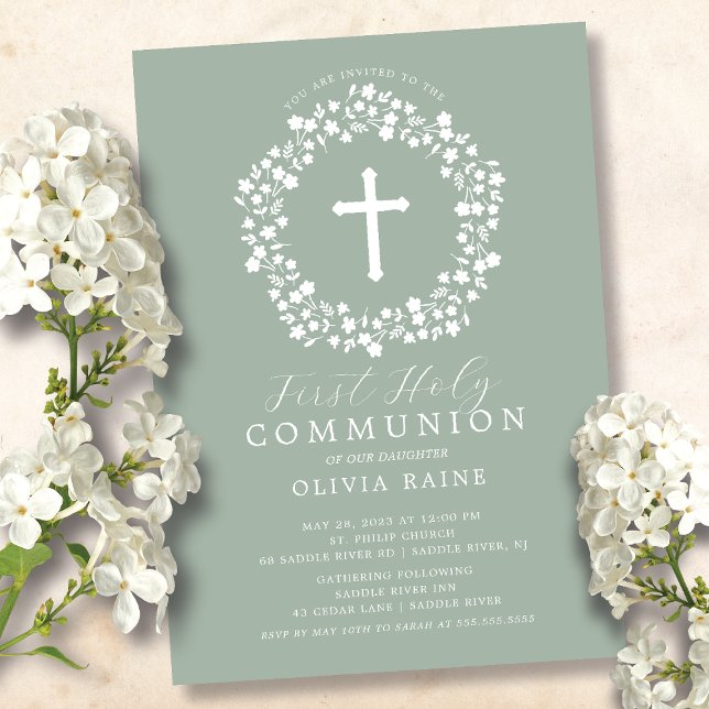 Sage Floral Girls First Communion Invitation (Créateur téléchargé)