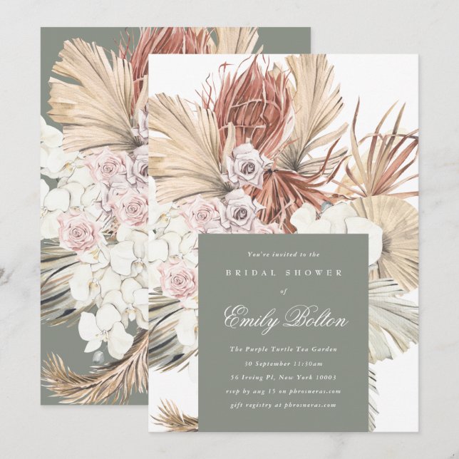 Sage Floral Moss Green Pampas Boho Brautparty Einladung (Vorne/Hinten)