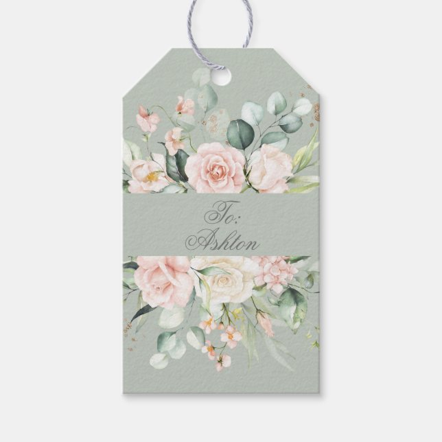 Sage Floral Pink Wasserfarbe Elegante Geschenkanhänger (Vorderseite)