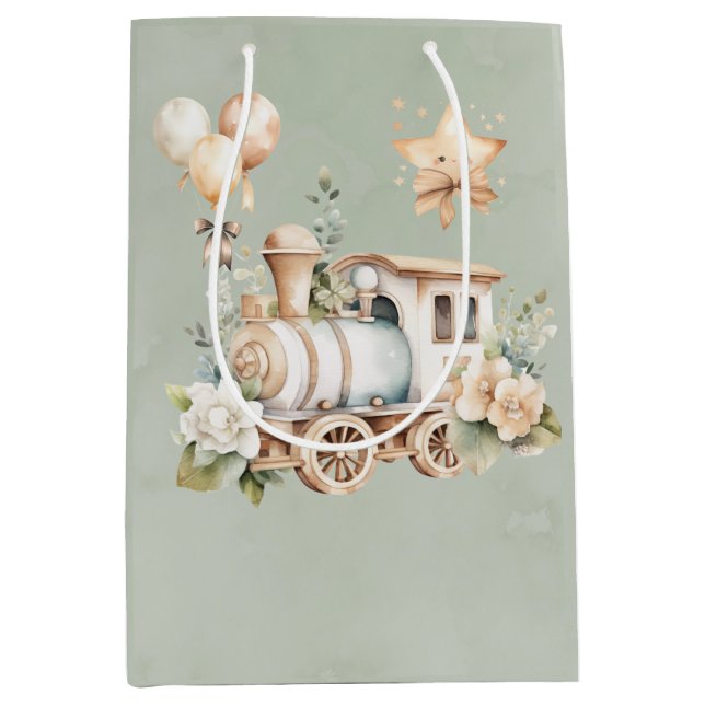 Sage Floral Train Boy Baby Duschgeschenk Mittlere Geschenktüte (Vorderseite)