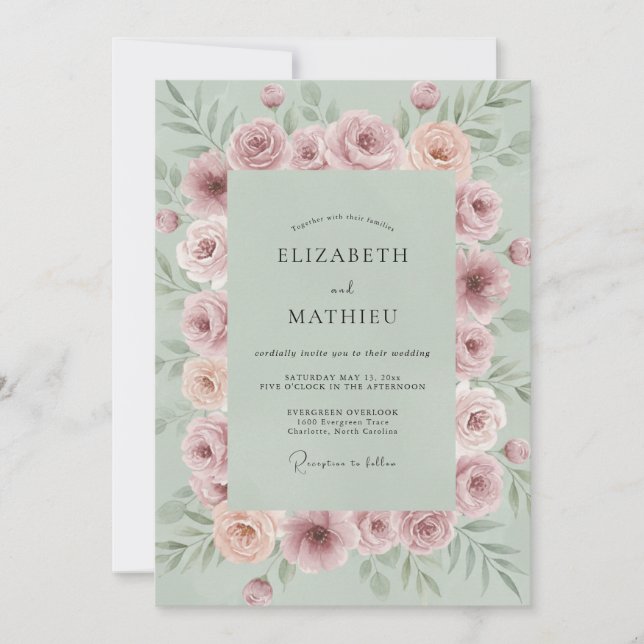 Sage Florale Hochzeit Einladung (Vorderseite)