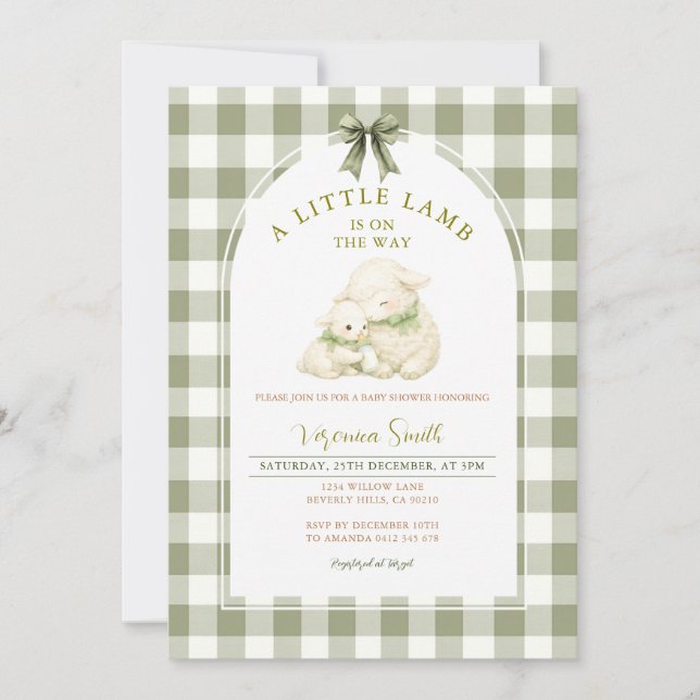 Sage Gingham Bow Little Lamb Baby Shower  Einladung (Vorderseite)