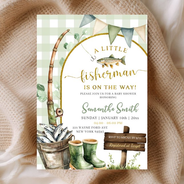 Sage Gingham Fisherman baby shower Einladung (Von Creator hochgeladen)