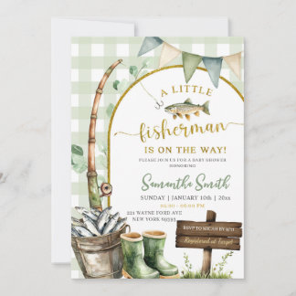 Sage Gingham Fisherman baby shower Einladung