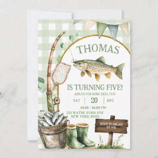 Sage Gingham Fisherman birthday invitation Einladung