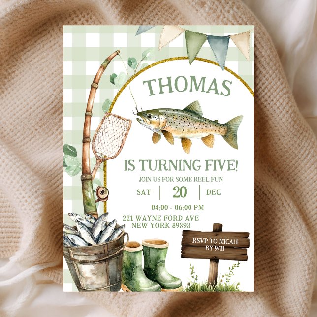 Sage Gingham Fisherman birthday invitation Einladung (Von Creator hochgeladen)