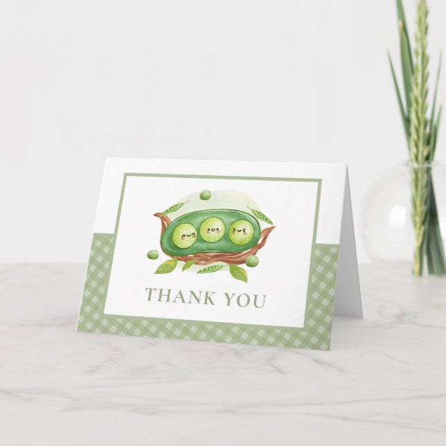 Sage Gingham Greenery Sweet Pea in Pod Baby Dusche Dankeskarte (Vorderseite)