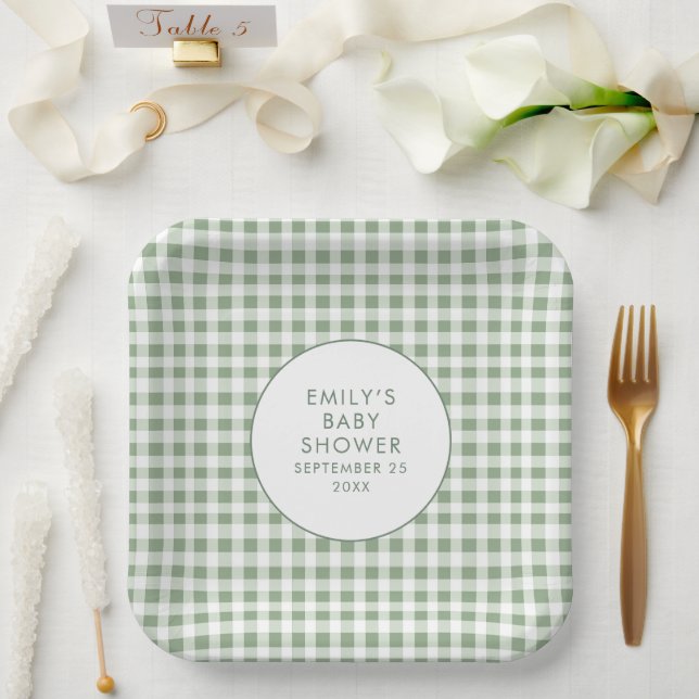 Sage Gingham Name Lokal Grown Baby Shower Pappteller (Hochzeit)