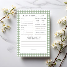 Sage Gingham Predictions Baby Shower Game Card