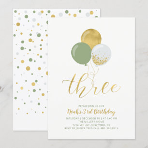 Sage & Gold Ballons Dritter 3. Geburtstag Einladung