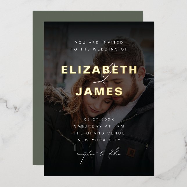 Sage & Gold Moderne Minimalistische Rustikale Hoch Folieneinladung (Vorderseite/Rückseite)