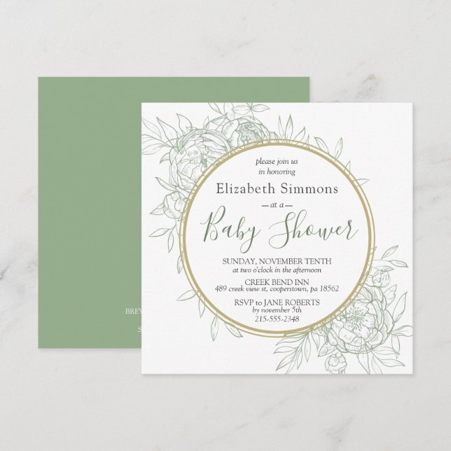 Sage & Gold Peony Moderne Blumentoiletten Babydusc Einladung (Vorne/Hinten)